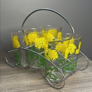 Set of Floral Glasses with Metal Holder